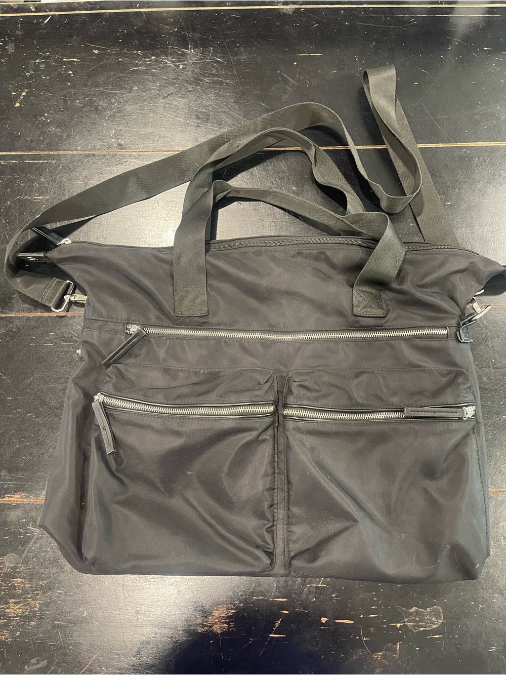 Black Nylon Zip Tote Bag with Multiple Exterior Pockets